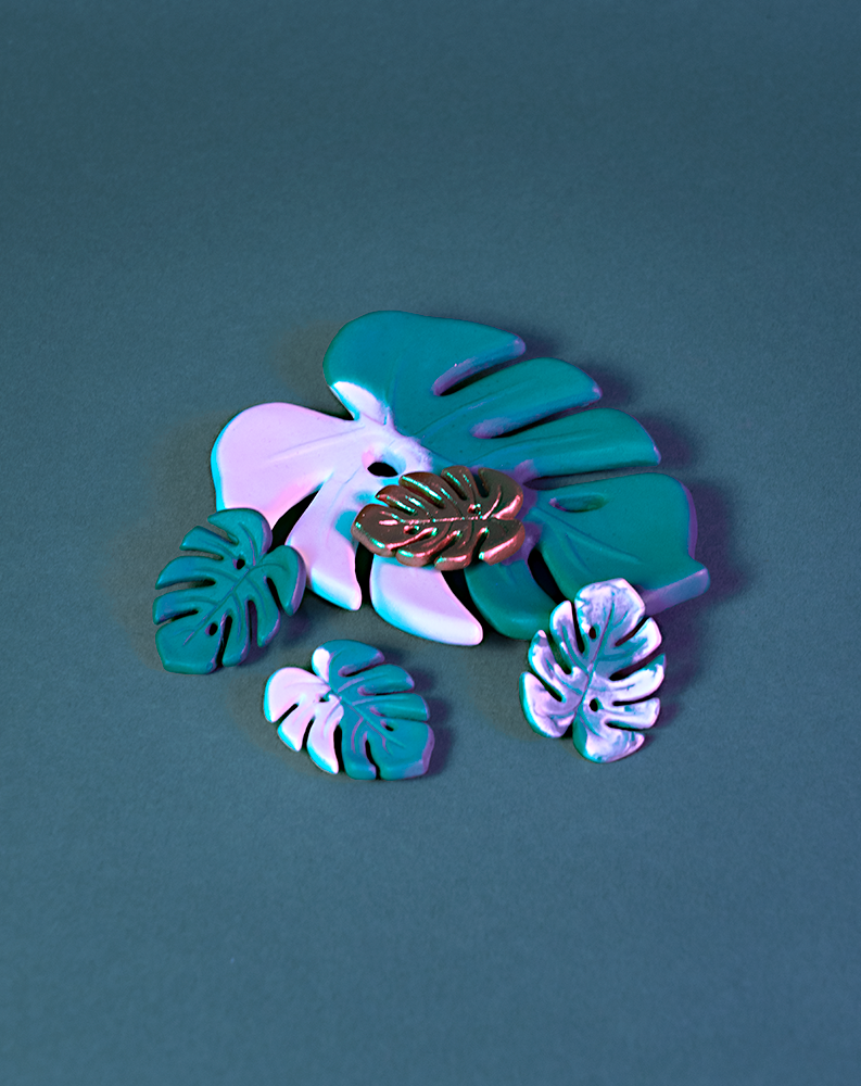 Monstera Bicolore et broches Monstera 4 couleurs de Maison Tessier, sur fond vert émeraude