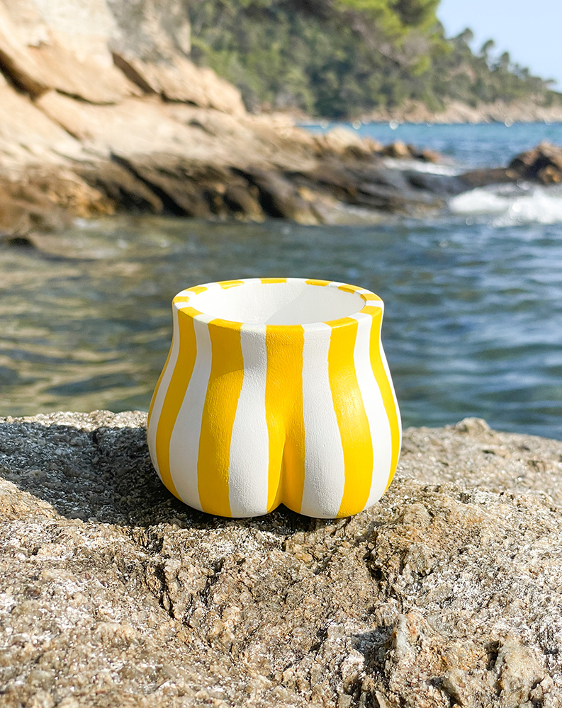 Fessier Cabanon jaune Citron sur un rocher de dos, face à la mer