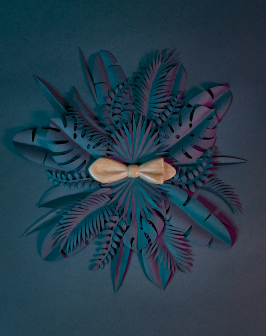 Noeud papillon en bois Maison Tessier en Hêtre sur fond de feuilles tropicales en papier en forme de rosace, vue de dessus