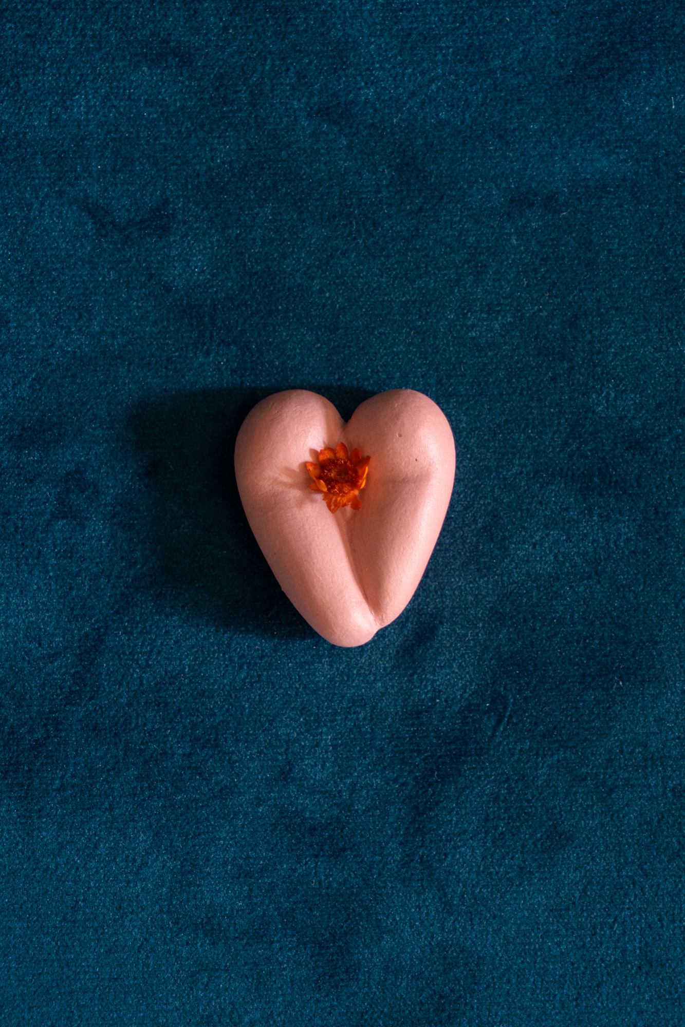 Coeur à nu de Maison Tessier café, fesses en forme de coeur avec petites fleurs séchées, sur tissus velour émeraude