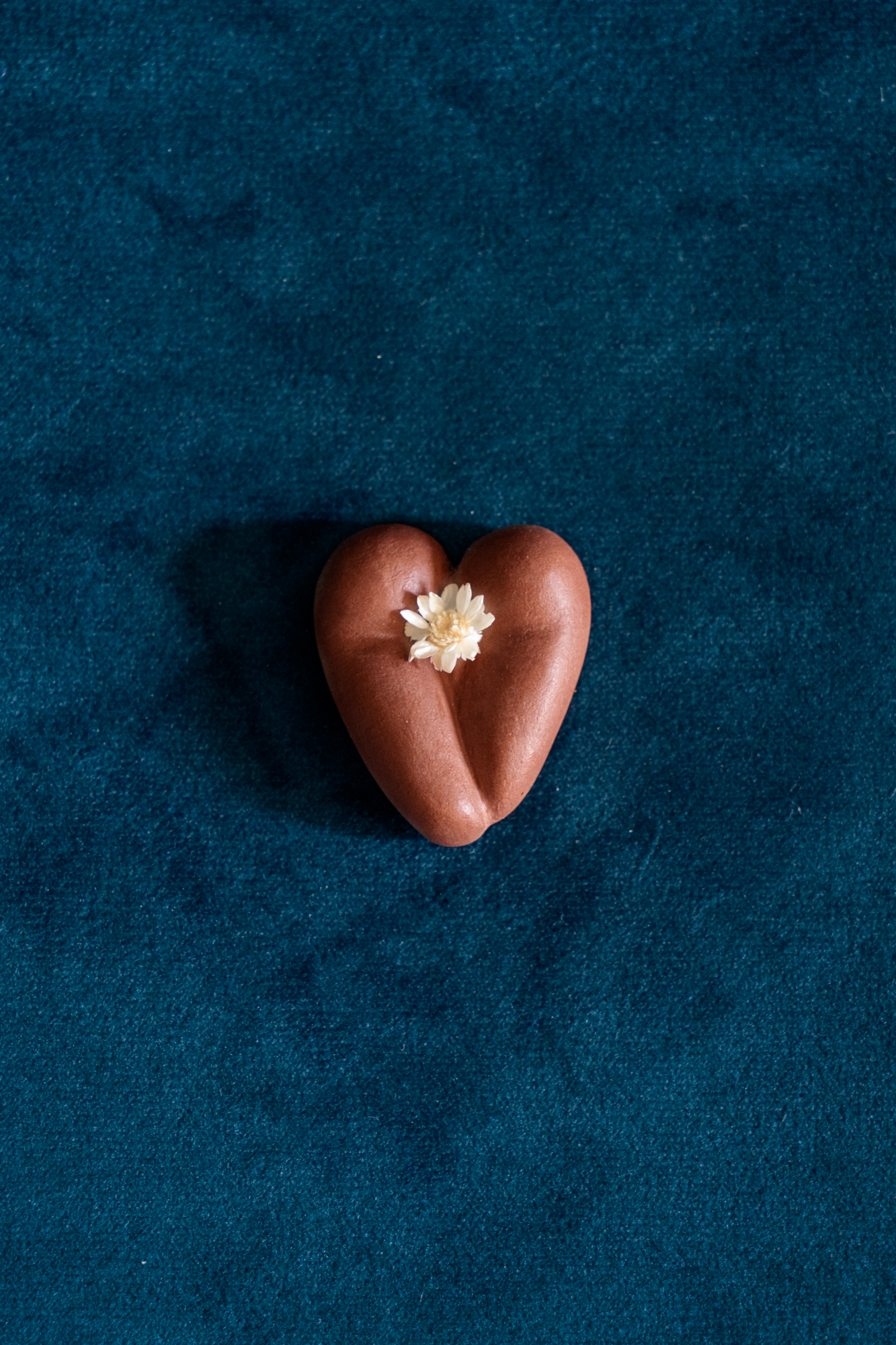 Coeur à nu de Maison Tessier chocolat, fesses en forme de coeur avec petites fleurs séchées, sur tissus velour émeraude