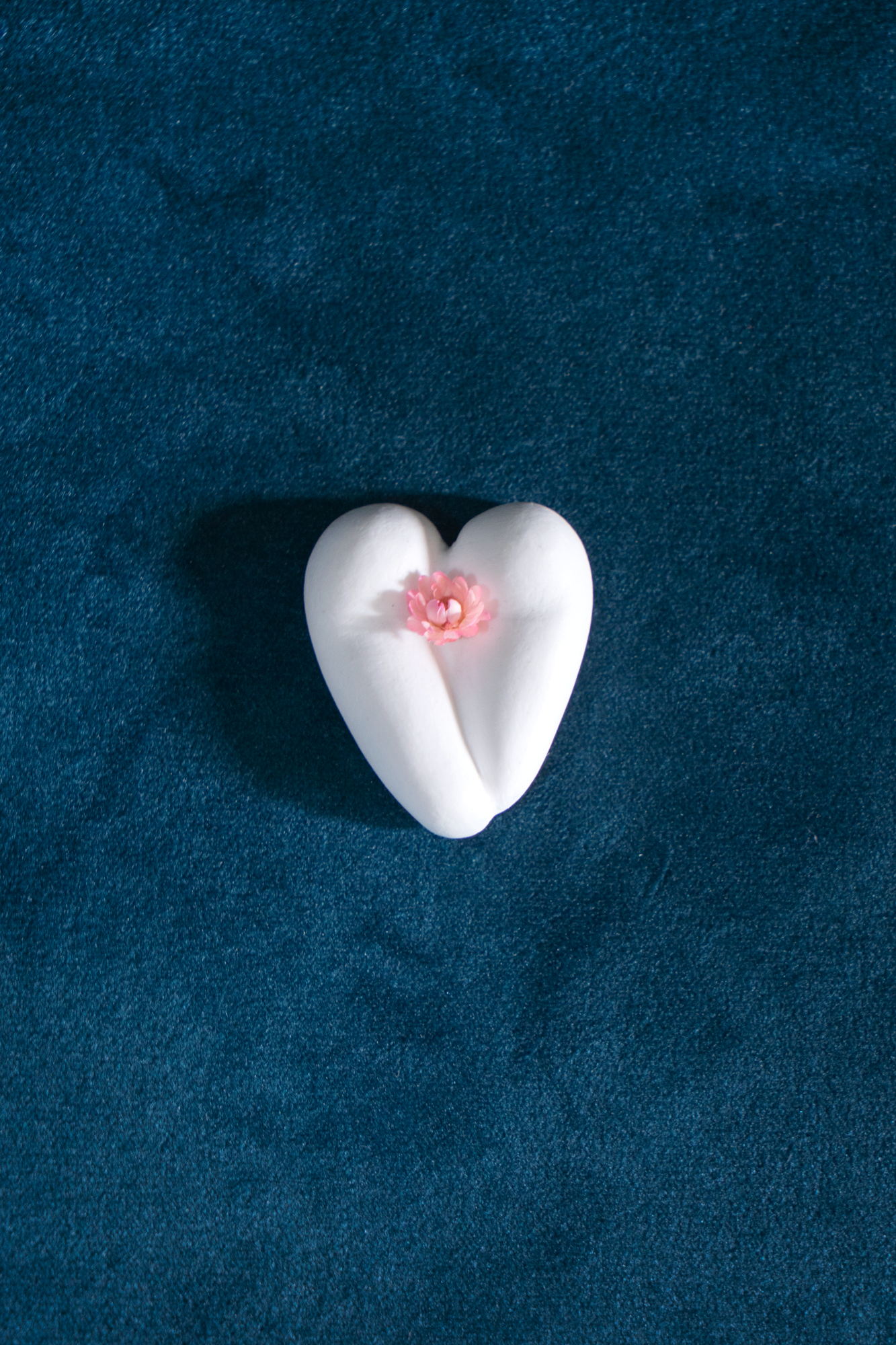 Coeur à nu de Maison Tessier nude, fesses en forme de coeur avec petites fleurs séchées, sur tissus velour émeraude
