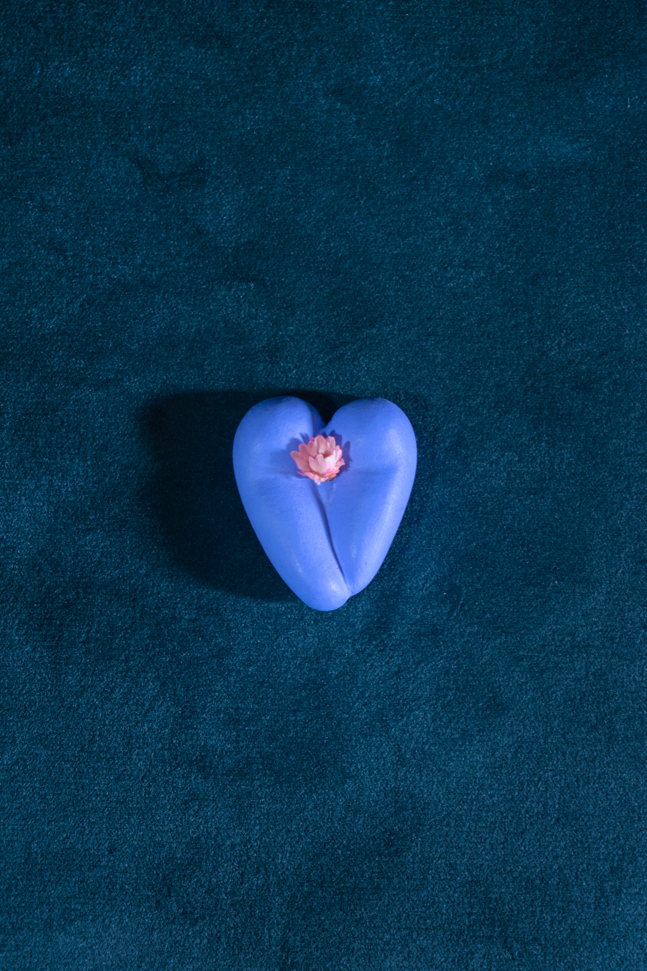 Coeur à nu de Maison Tessier sirène, fesses en forme de coeur avec petites fleurs séchées, sur tissus velour émeraude