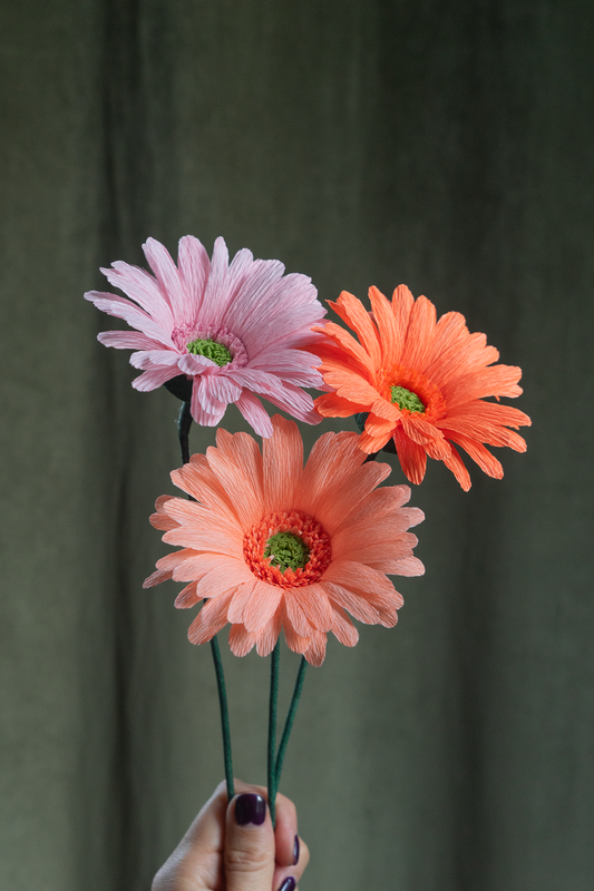 Exemple couleurs Gerbera en papier crépon pour atelier Maison Tessier tons clairs rose orangé
