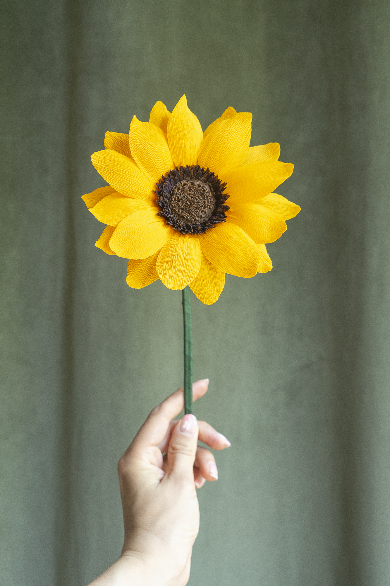 Tournesol en papier crépon jaune et cœur brun tenu à la main sur fond vert kaki, fleur artisanale faite main par Maison Tessier