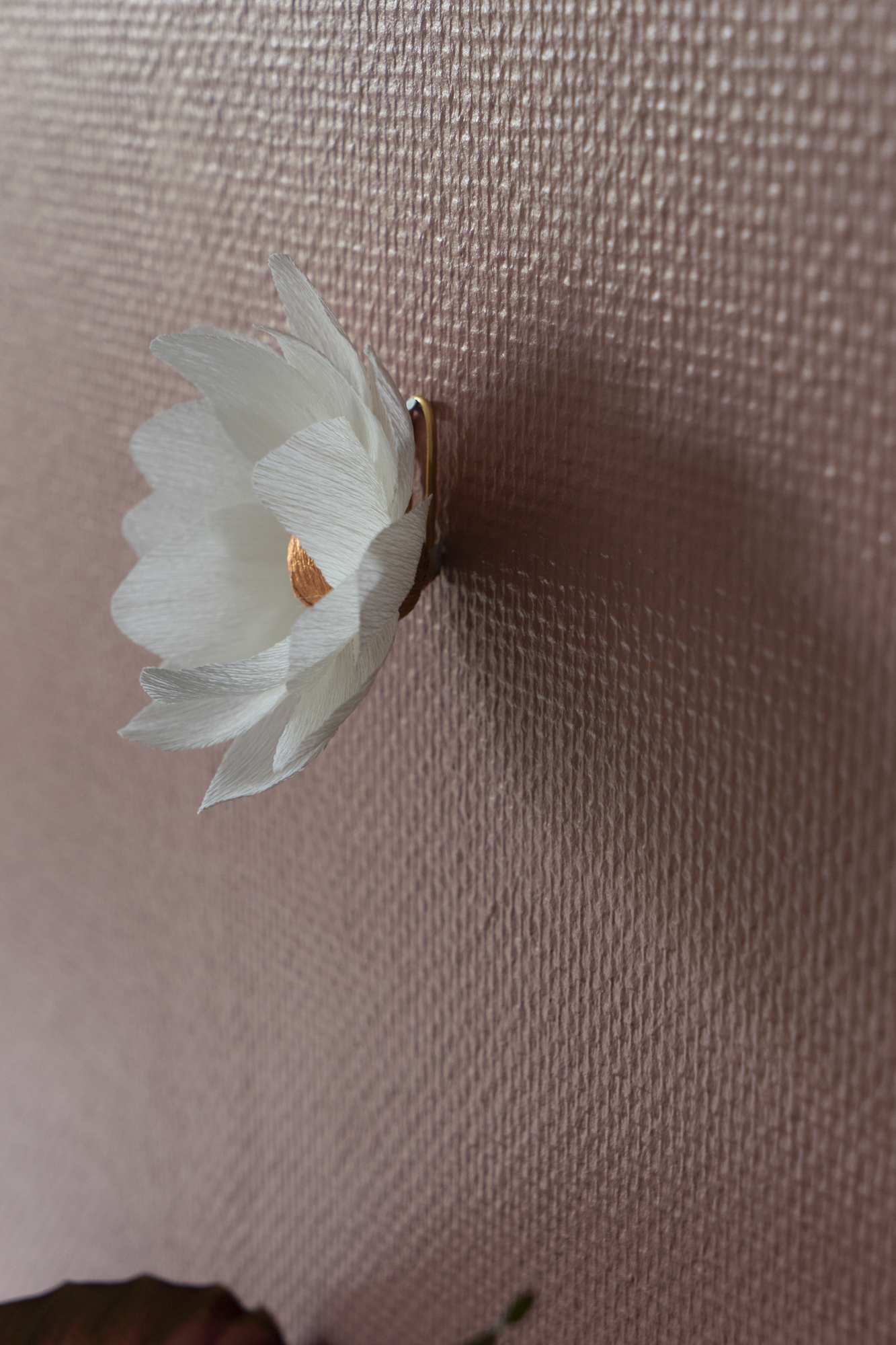 décoration murale florale faite à la main par Maison Tessier, fleur en papier Nymphea, de couleur blanche au coeur cuivrée, accrochée sur un mur rose texturé, vue de côté pour voir accroche murale avec un clou