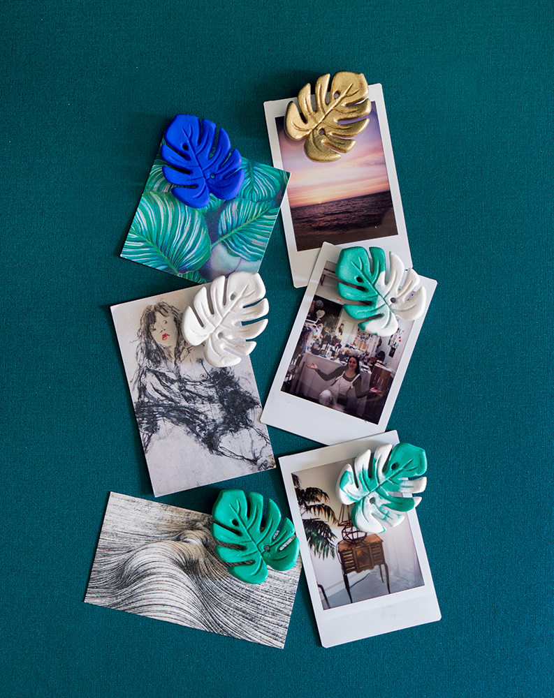 Six Mini Monstera magnets de Maison Tessier en émeraude, variegata panachée, variegata bicolore, dorée, blanc, Bleu Klein sur fond vert émeraude avec photos et cartes de visite
