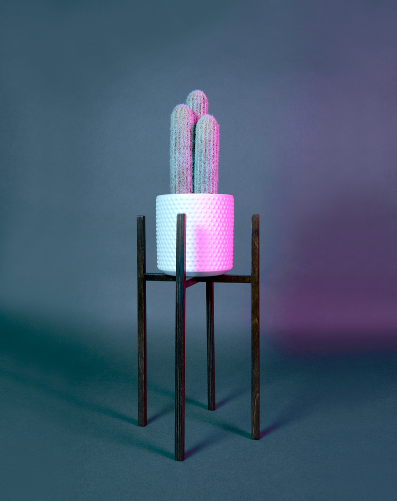 Pot en céramique émaillé blanc, contenant des cactus, est soutenu par un piédestal ITUS MAXIMA de la marque Maison Tessier derrière un fond bleu avec des reflets de lumière rose