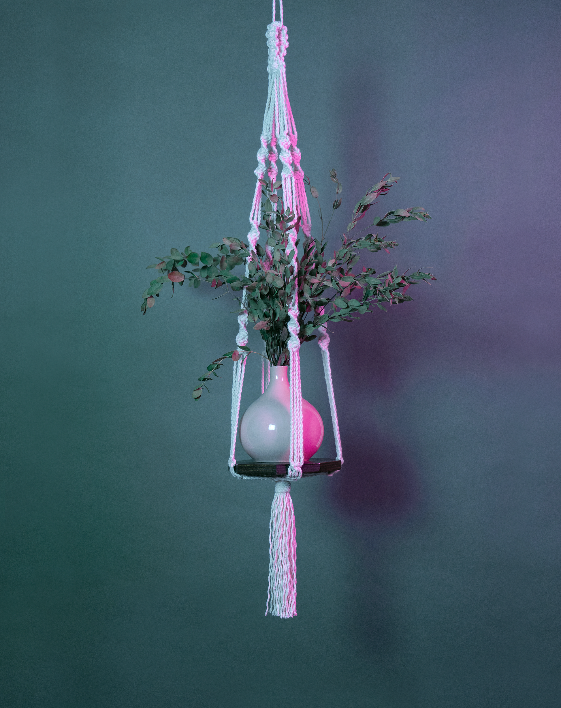 Une suspension en macramé de coton et plateau en bois PLANIUM PUSILLI, de la marque Maison Tessier, soutient un vase avec des feuilles séchées, derrière un fond bleu avec des reflets de lumière rose