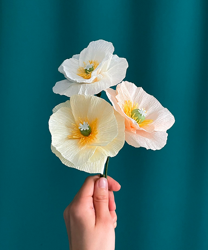 trois fleurs en papier pavots de couleur clair, tenues dans une main sur un fond couleur vert émeraude