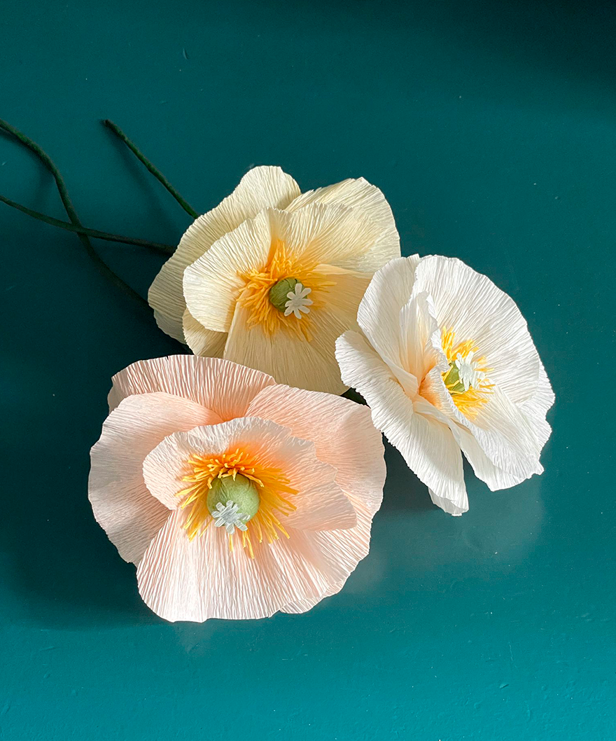 trois fleurs en papier pavots de couleur clair, posés sur le sol de couleur vert émeraude