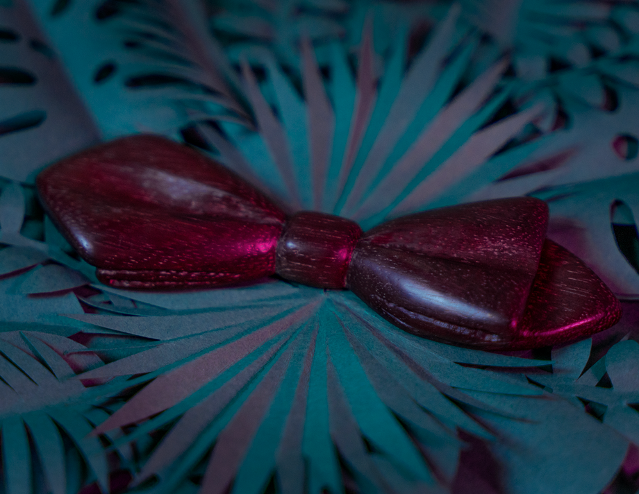 Noeud papillon en bois Maison Tessier en Amarante sur fond de feuilles tropicales en papier, vue de 3/4