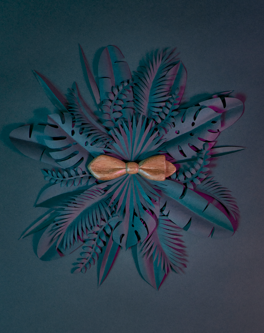 Noeud papillon en bois Maison Tessier en Acajou sur fond de feuilles tropicales en papier en forme de rosace, vue de dessus