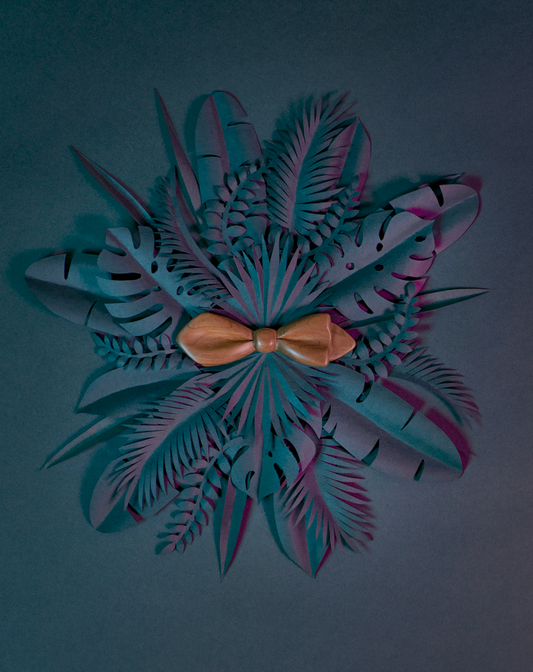Noeud papillon en bois Maison Tessier en Merisier sur fond de feuilles tropicales en papier en forme de rosace, vue de dessus
